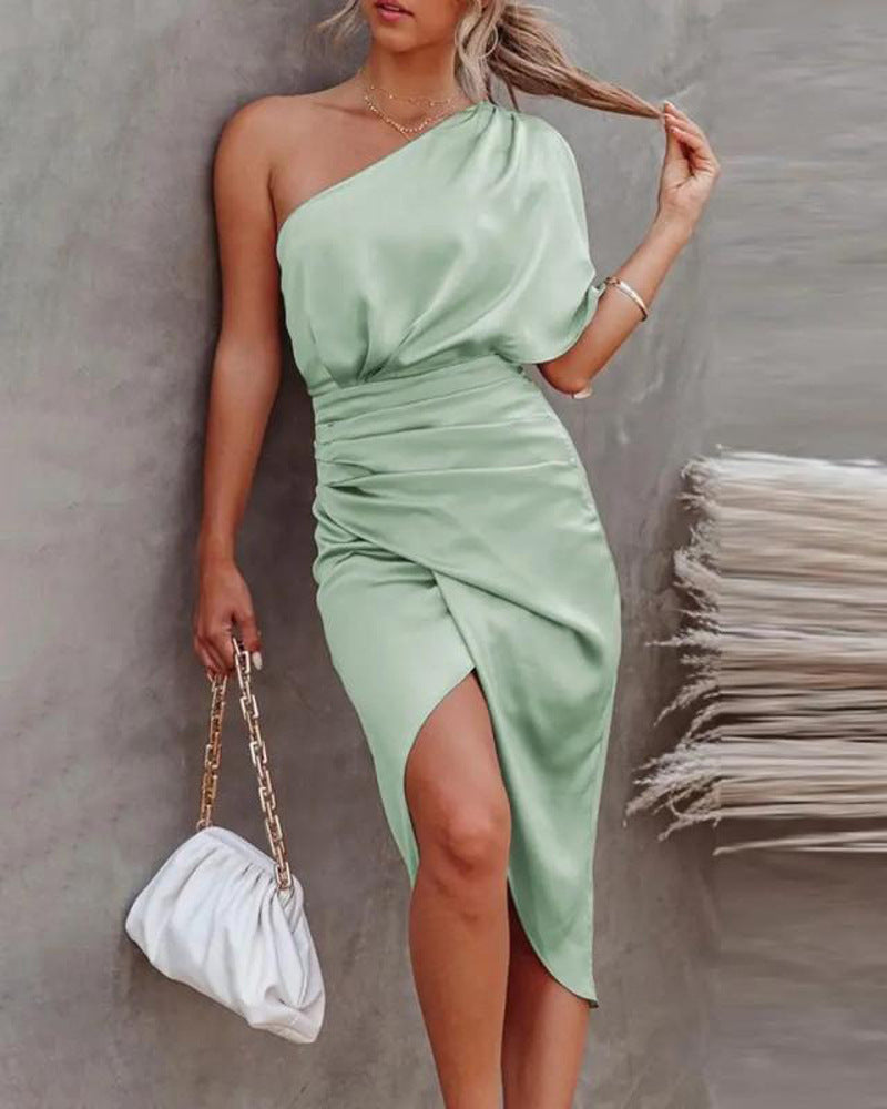 One Shoulder Split Ruched Midi Dresses