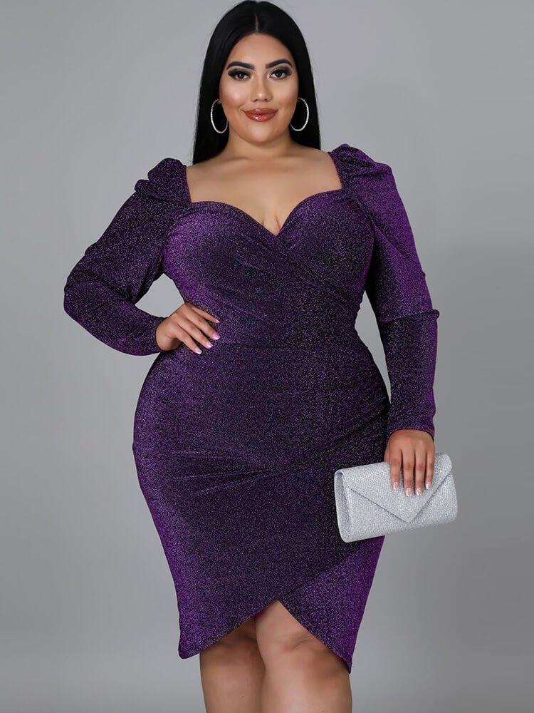 Plus Size Long Sleeve Glitter Midi Dress