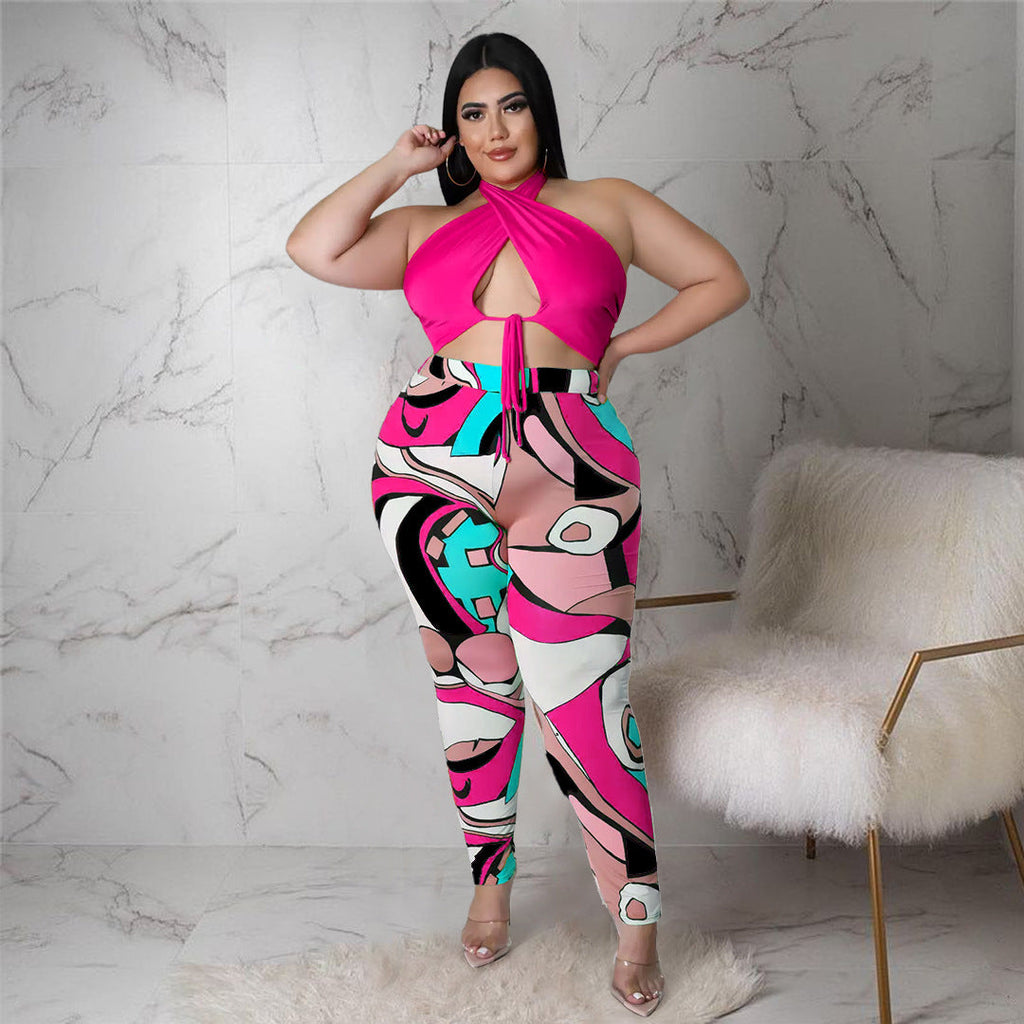 Plus Size Criss Cross Halter Top & Bodycon Pants