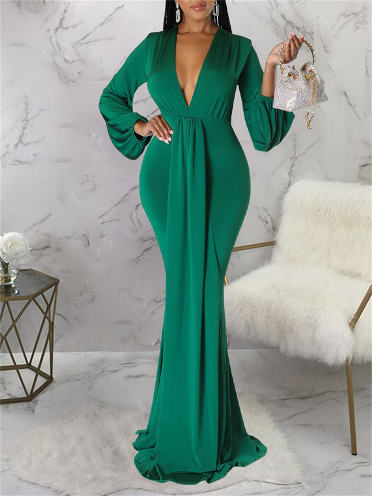 Long Sleeve V Neck Maxi Dresses