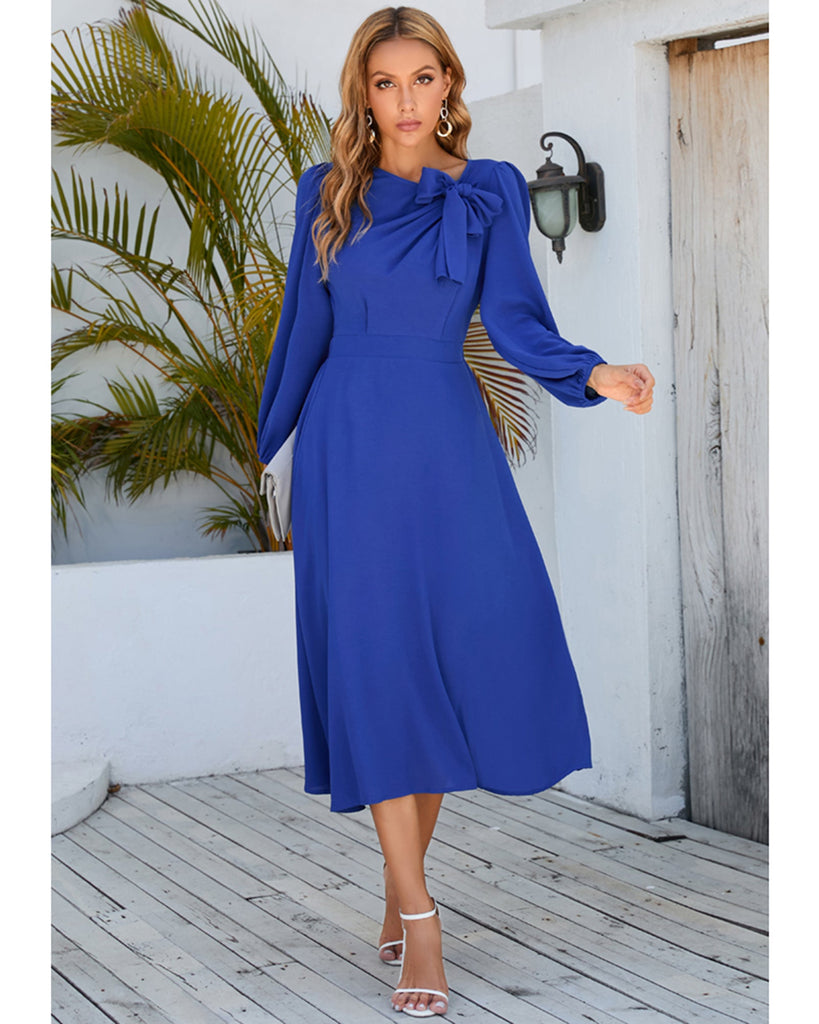 Crew Neck Puff Sleeve Tie Up Midi Dress