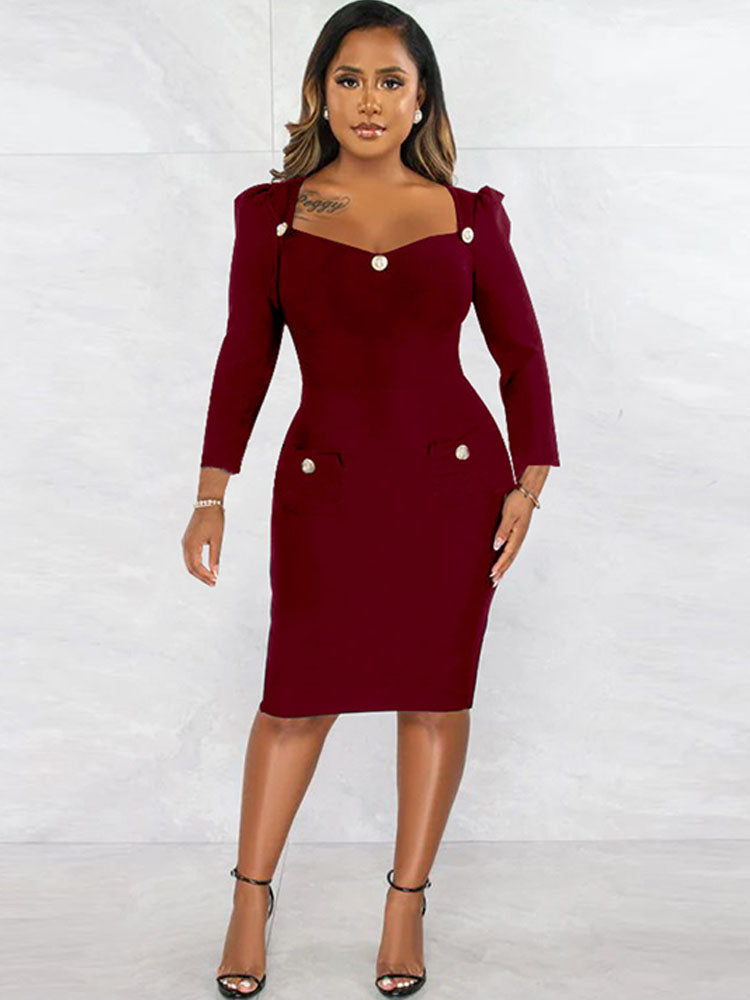 Long Sleeve Square Neck Bodycon Midi Dresses