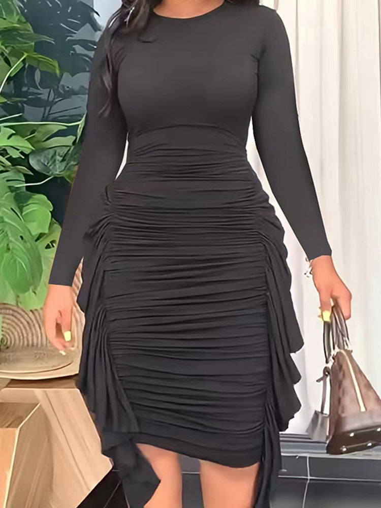 Long Sleeve Ruched Bodycon Midi Dresses