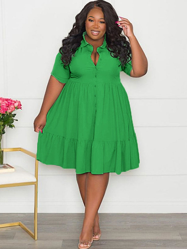 Plus Size Short Sleeve Button Down Midi Dresses