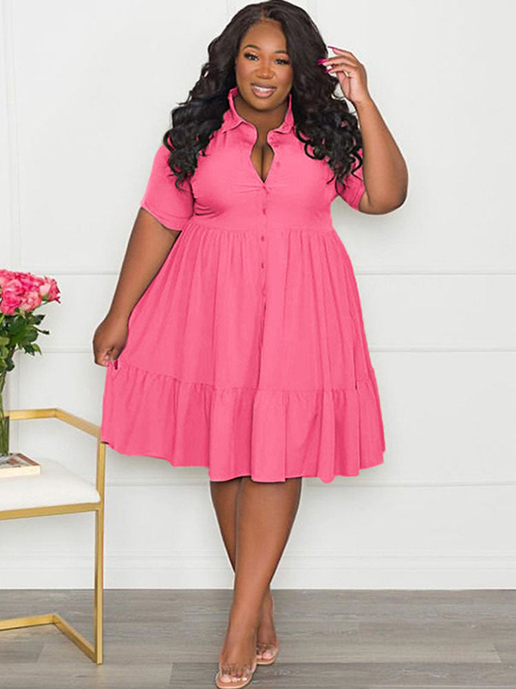 Plus Size Short Sleeve Button Down Midi Dresses