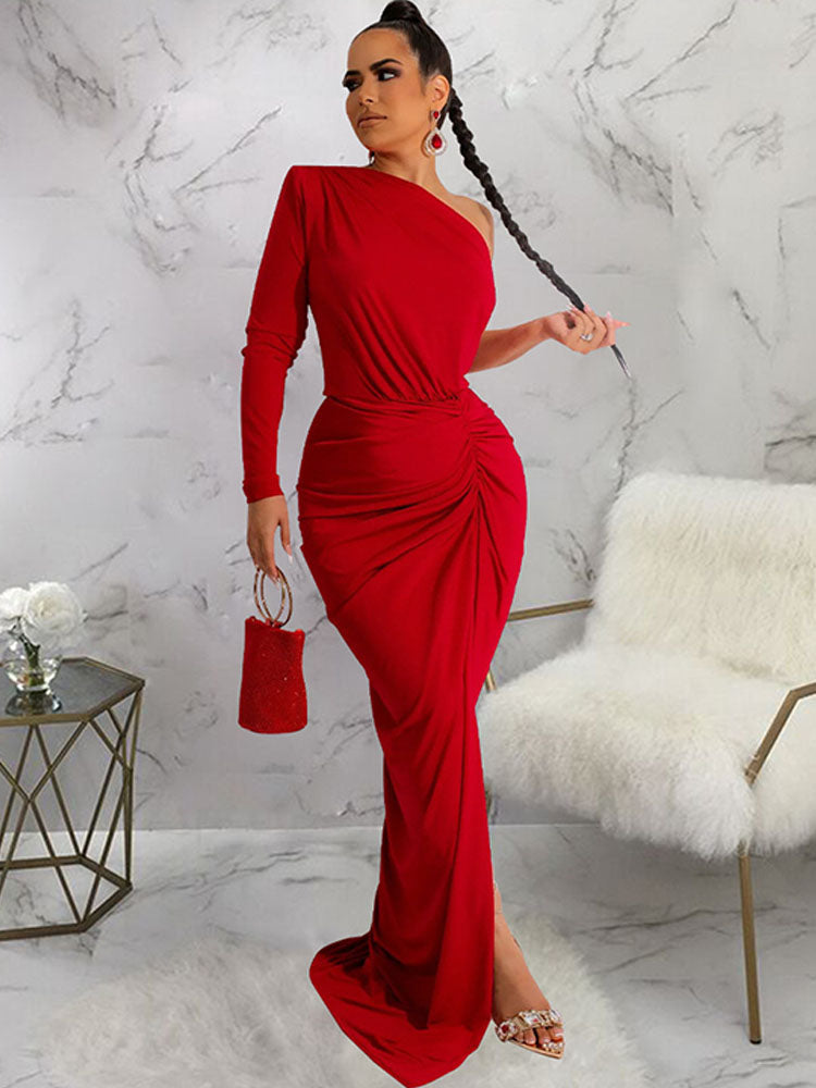 One Shoulder Ruched Maxi Dresses