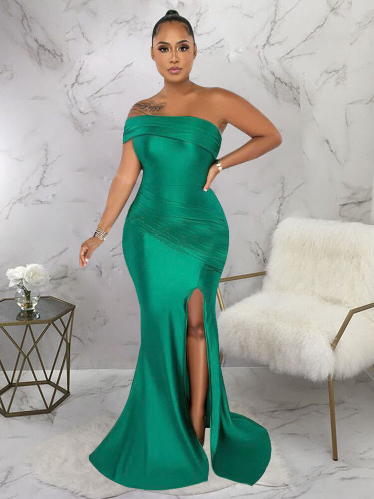 Pure Color Slanted Shoulders Strapless Slit Maxi Dresses