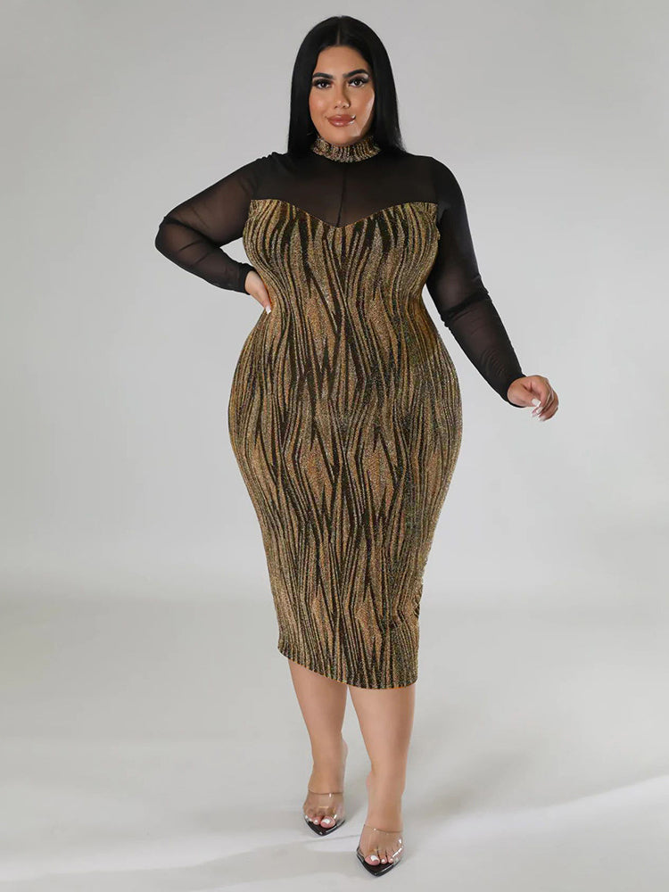 Long Sleeve Mesh Patchwork Plus Size Midi Dresses