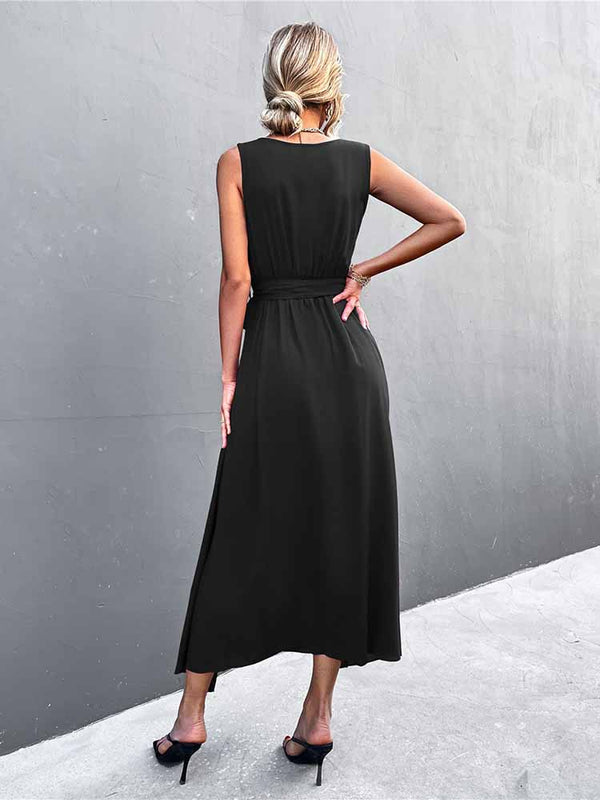 Sleeveless V Neck Split Midi Dresses