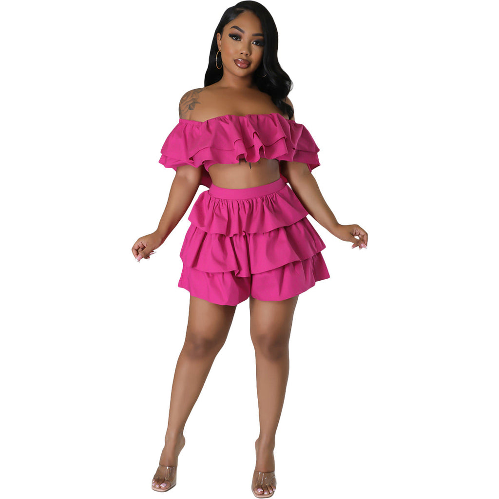 Two Piece Ruffle Crop Top Short Skirt Set