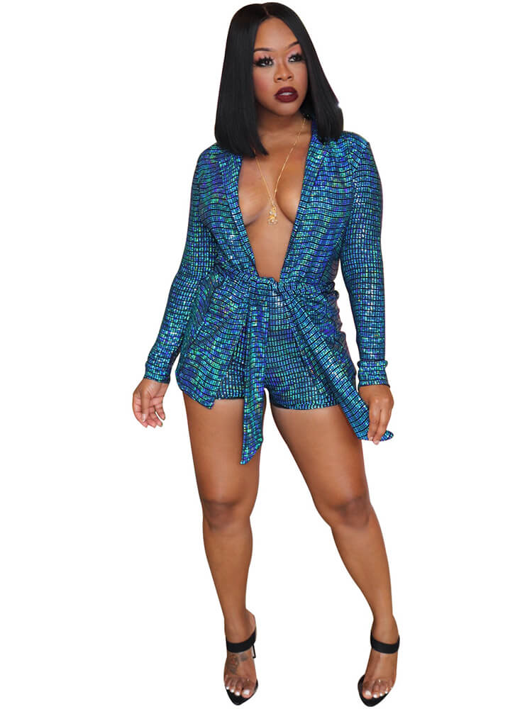 Two Piece Long Sleeve Glitter Metallic Blazer+Shorts Sets