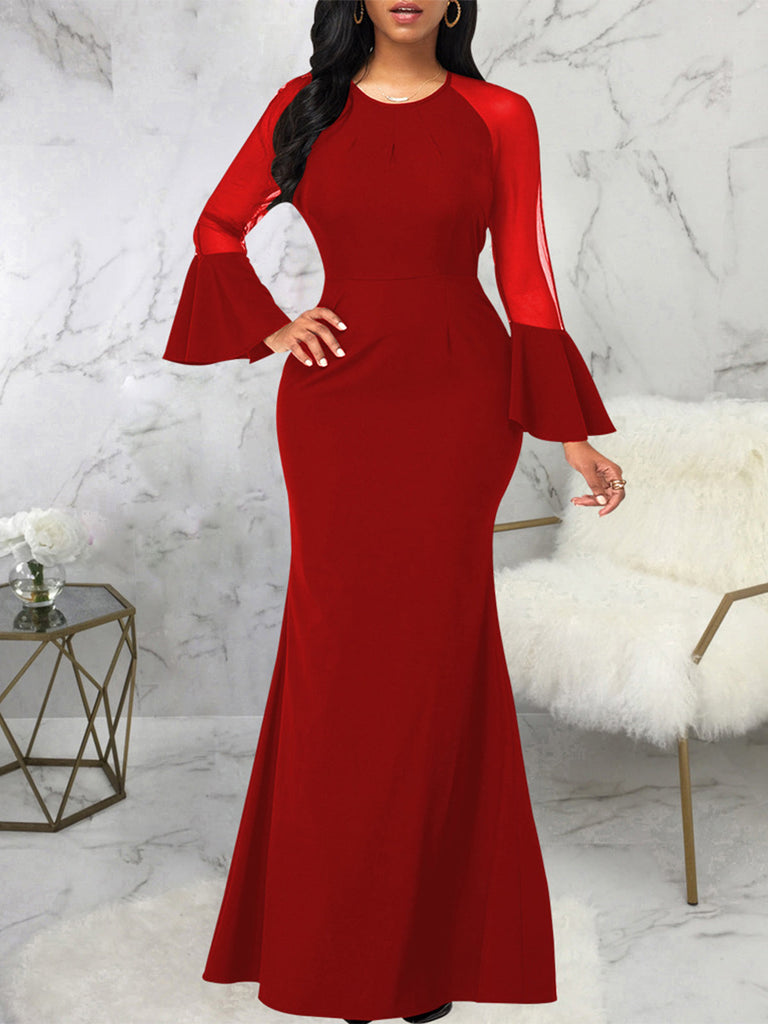 Mesh Fishtail Long Sleeve Formal Maxi Dress