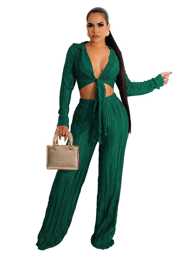 Two Piece Pleated Crop Top & Long Pants