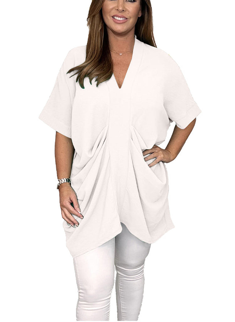 Short Sleeve V Neck Ruched Tops