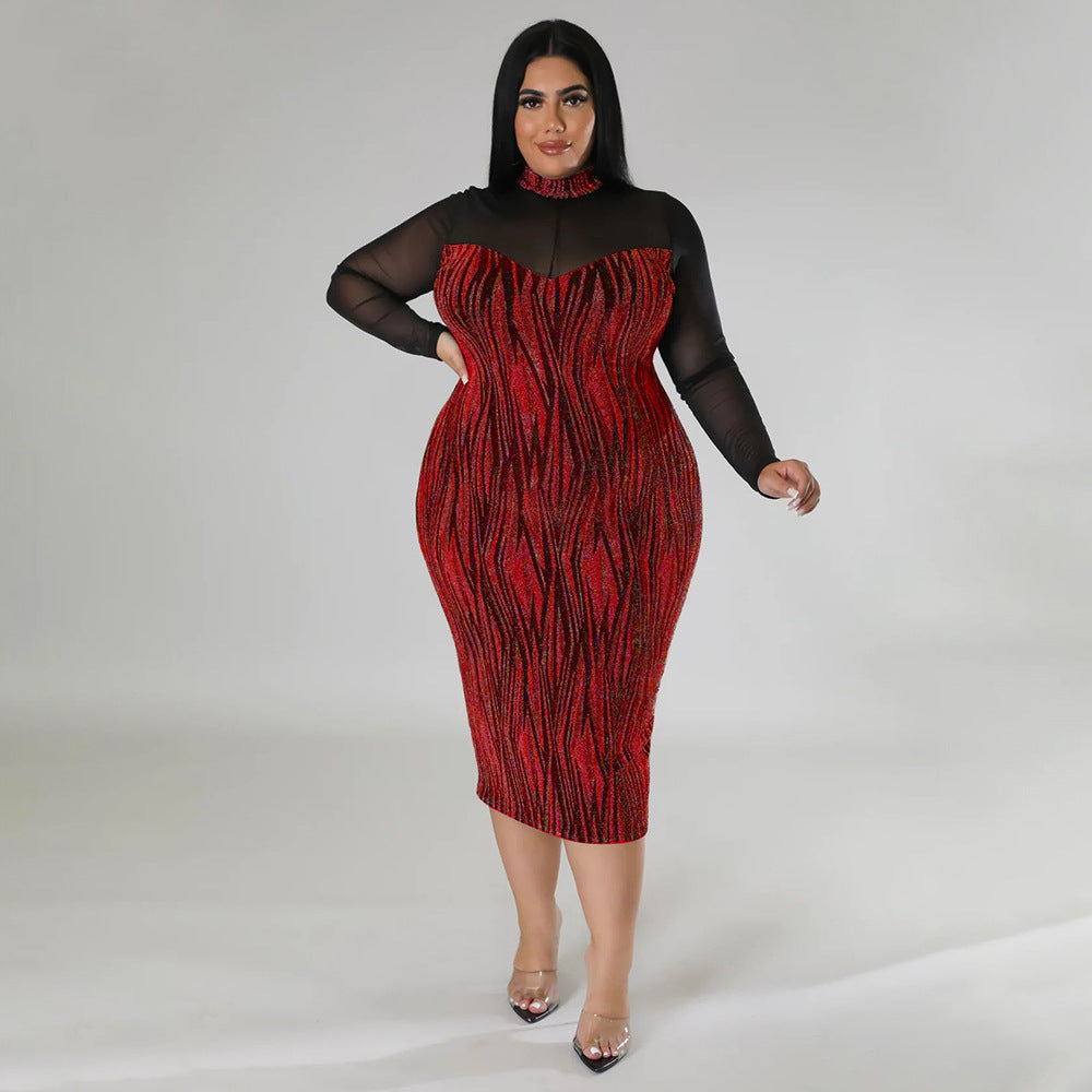 Long Sleeve Mesh Patchwork Plus Size Midi Dresses