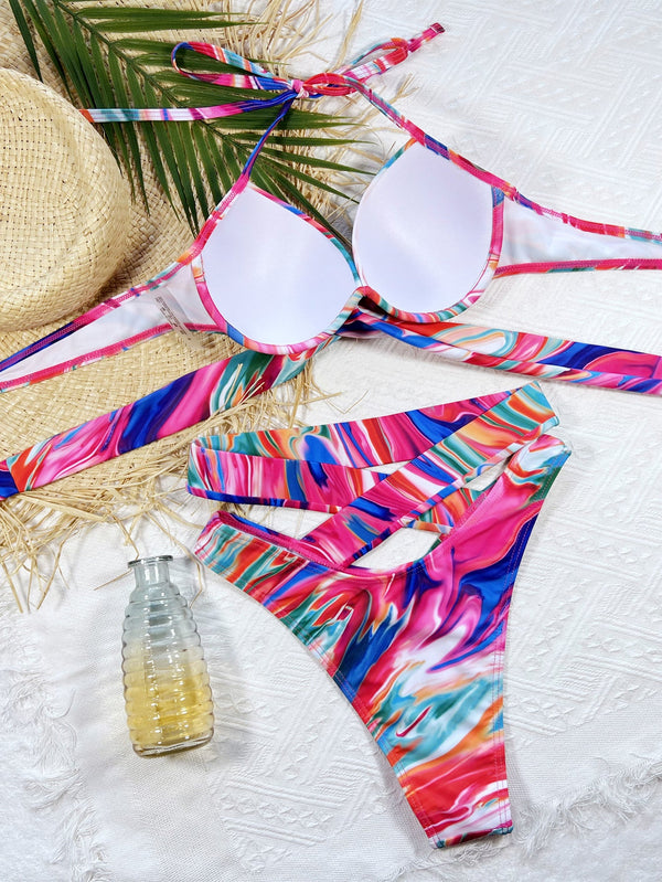 Abstract Print Halter Neck Crisscross Bikini Set