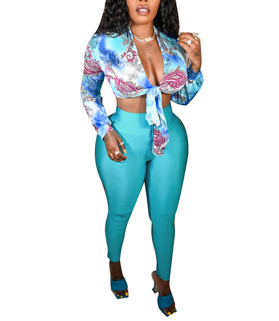 Two Piece Print Crop Top Skinny Pants Set