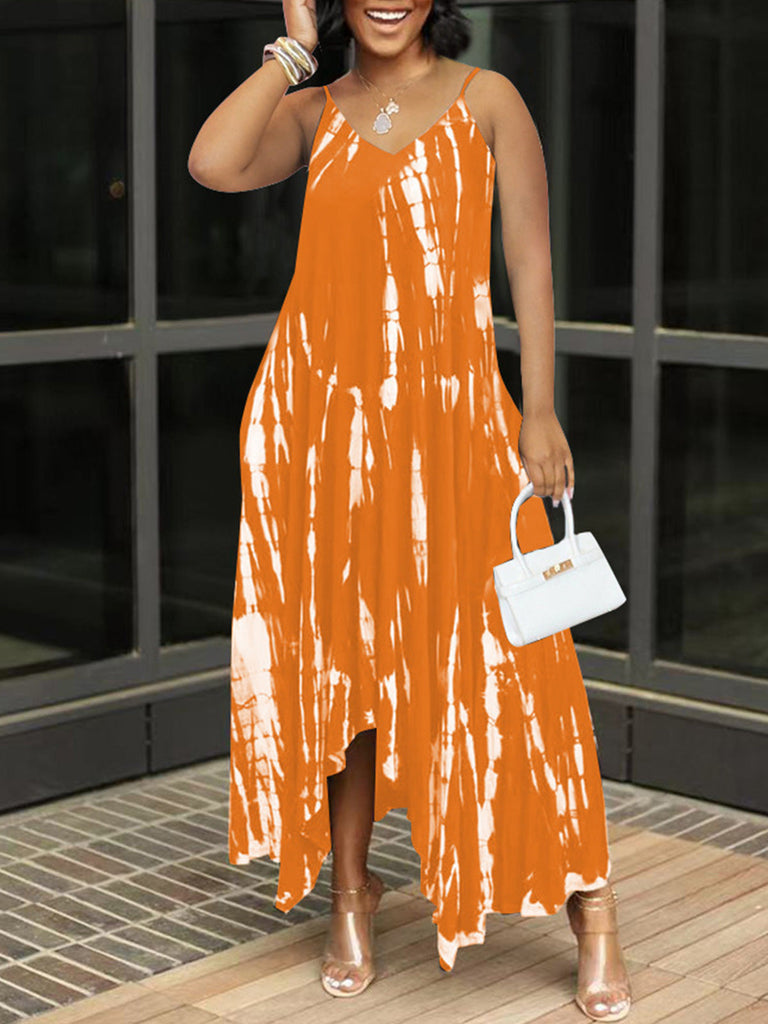 Tie Dye Asymmetrical Spaghetti Strap Maxi Dress