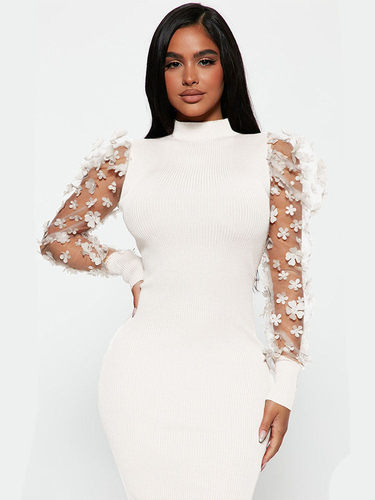 Mesh Patchwork Long Sleeve Floral Print Midi Dresses