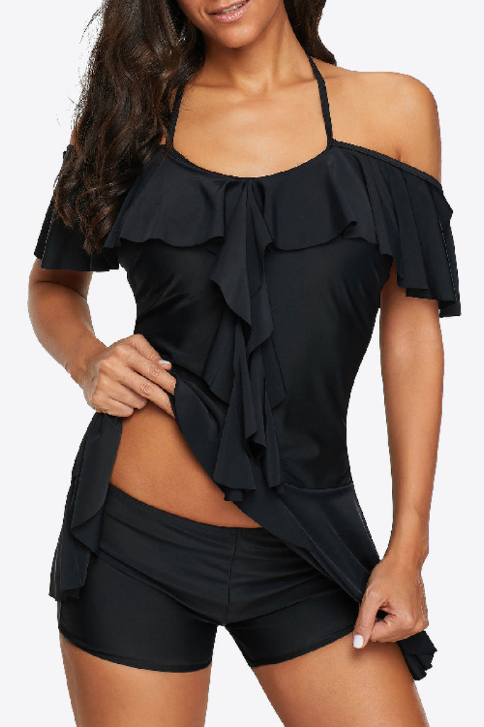 Sunset and Swim Ruffled Cold-Shoulder Two-Piece Tankini