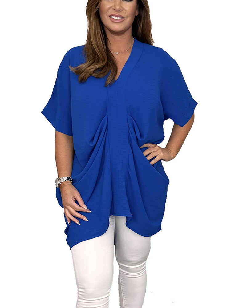 Short Sleeve V Neck Ruched Tops