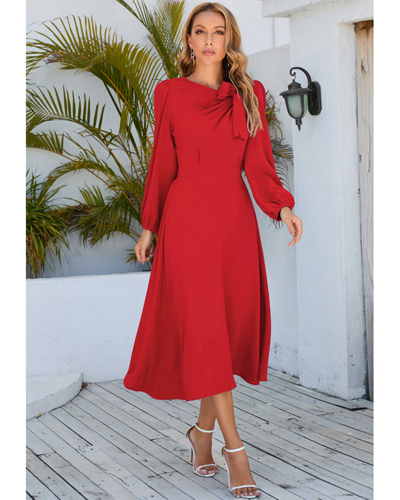 Crew Neck Puff Sleeve Tie Up Midi Dress