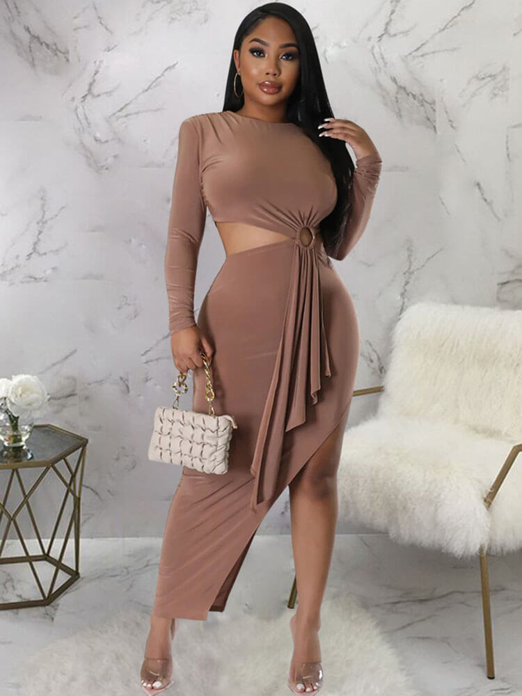 Long Sleeve Cutout Ruched Slit Midi Dresses