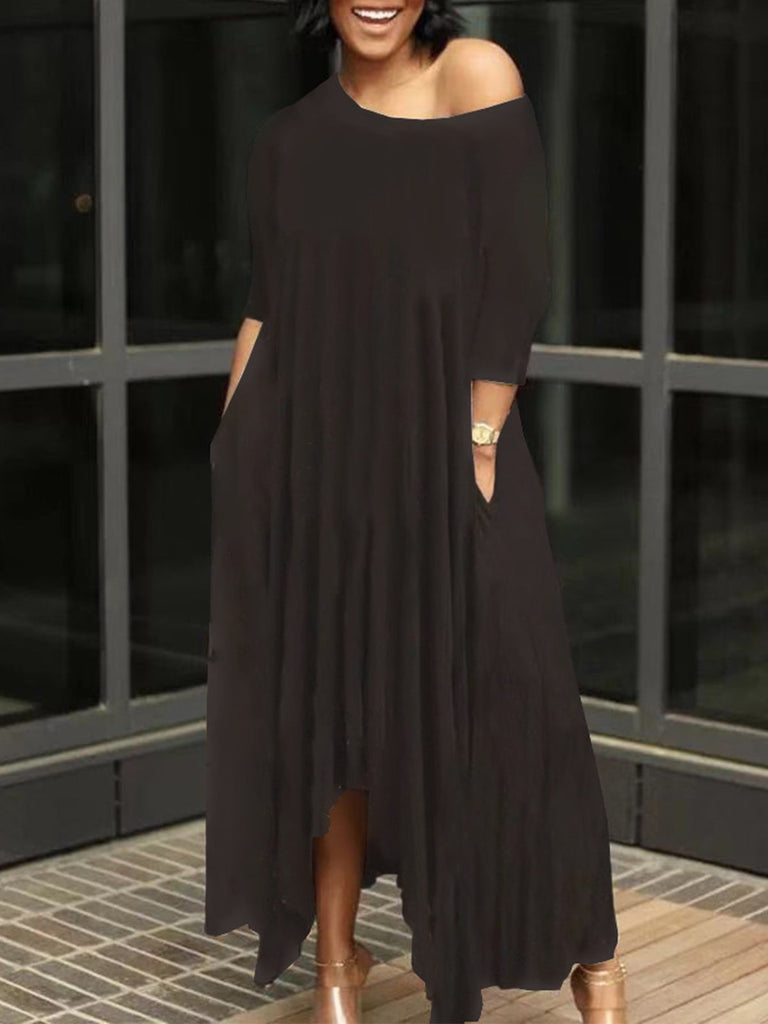 Half Sleeve Solid Asymmetrical Maxi Dresses