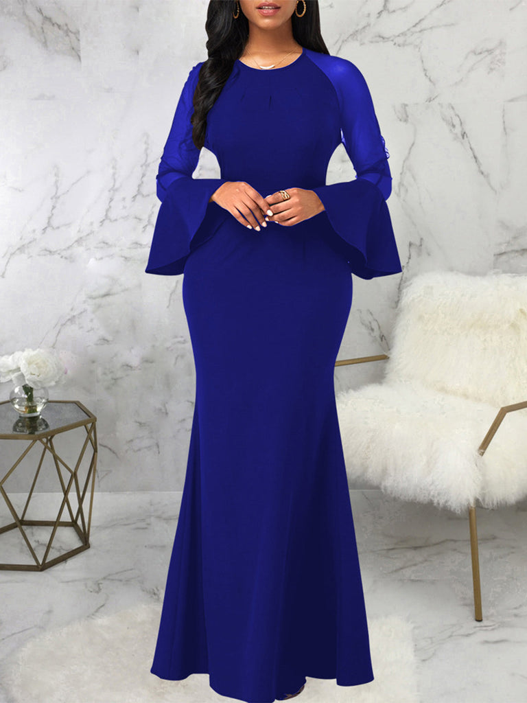 Mesh Fishtail Long Sleeve Formal Maxi Dress