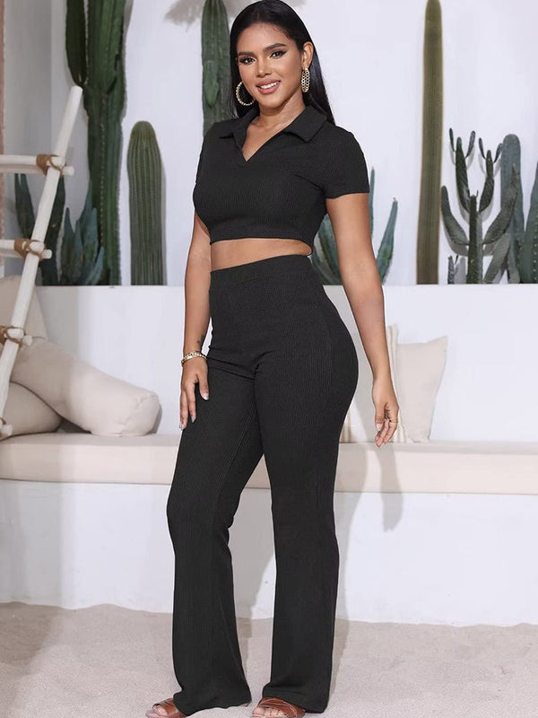 Short Sleeve V Neck Crop Top & High Waist Long Pants