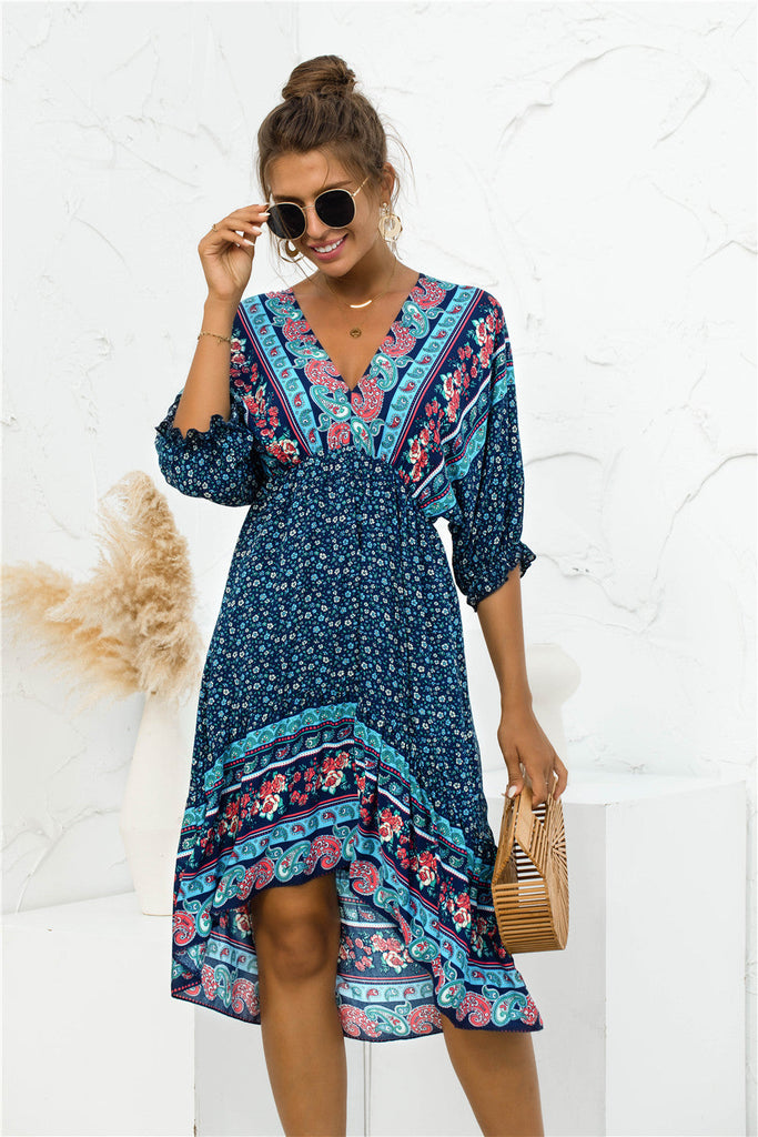 Boho Printed Bohemian V Neck Dress