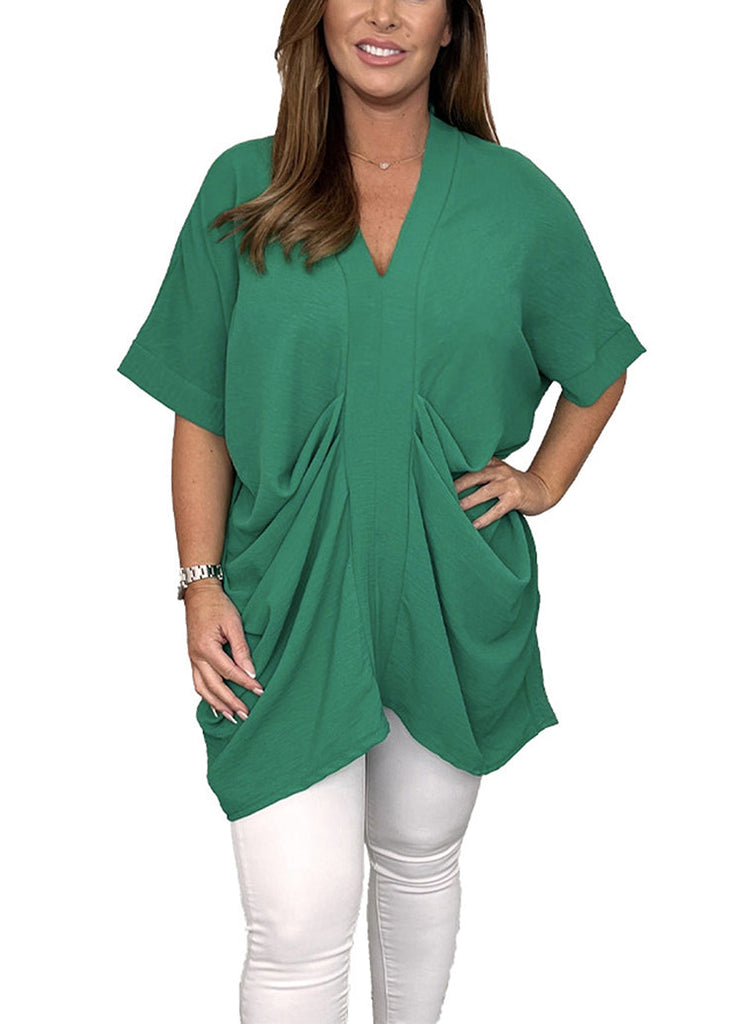 Short Sleeve V Neck Ruched Tops