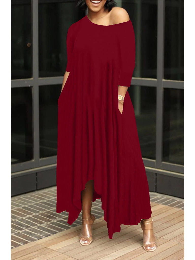 Half Sleeve Solid Asymmetrical Maxi Dresses