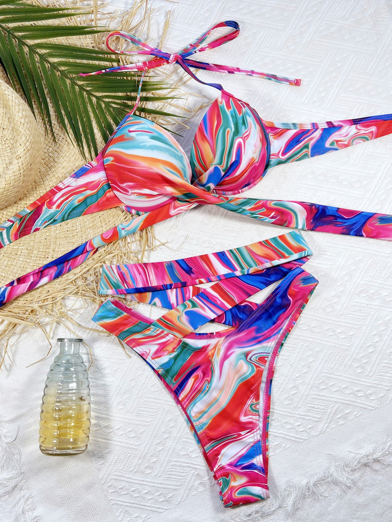 Abstract Print Halter Neck Crisscross Bikini Set