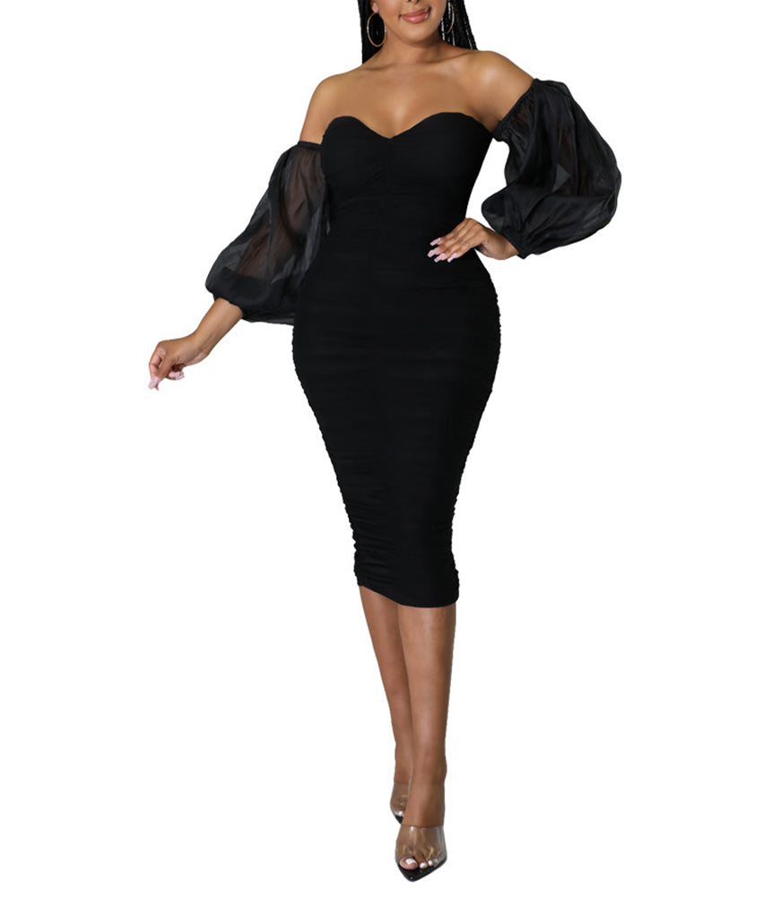 Off Shoulder Mesh Long Sleeve Ruched Midi Dress