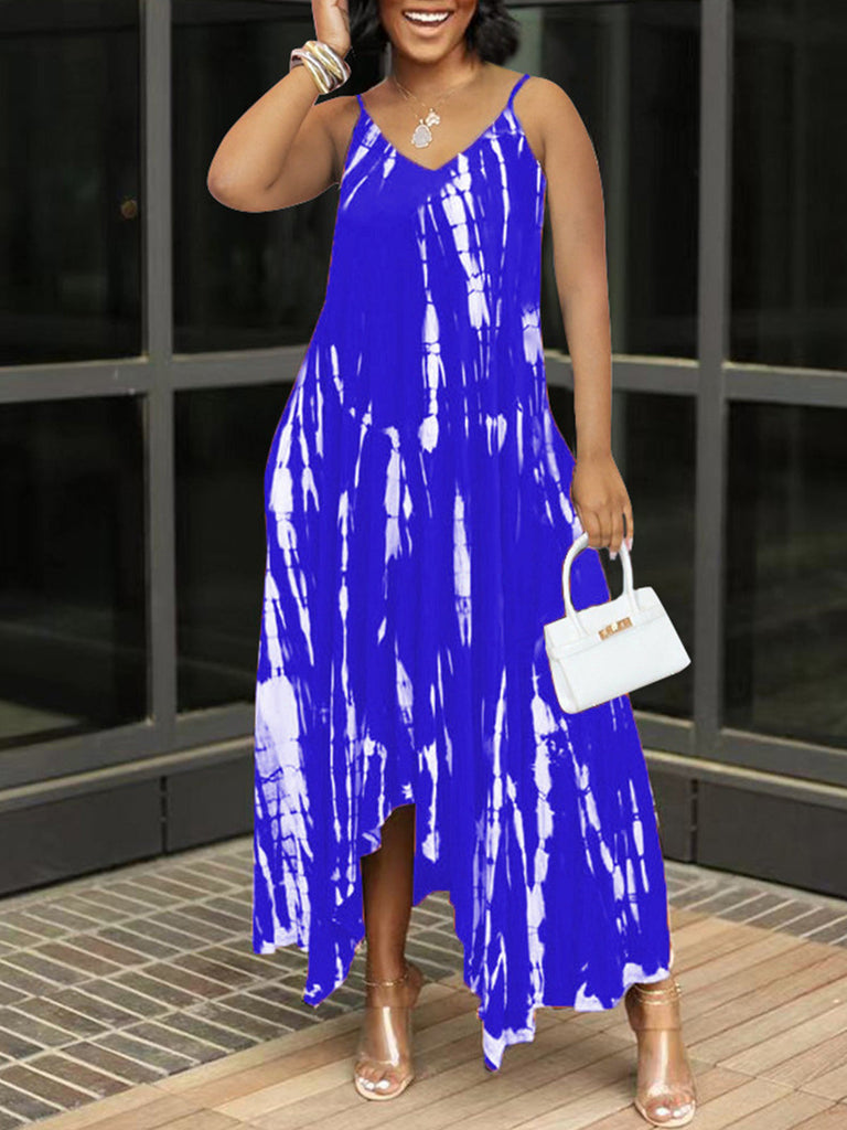 Tie Dye Asymmetrical Spaghetti Strap Maxi Dress