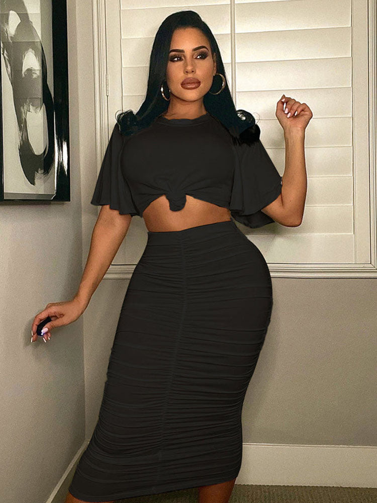 Two Piece Ruffle Sleeve Crop Top Ruched Midi Skirt