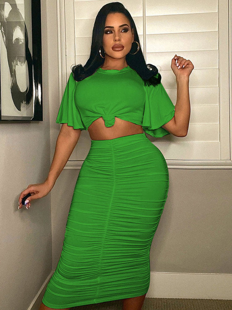 Two Piece Ruffle Sleeve Crop Top Ruched Midi Skirt