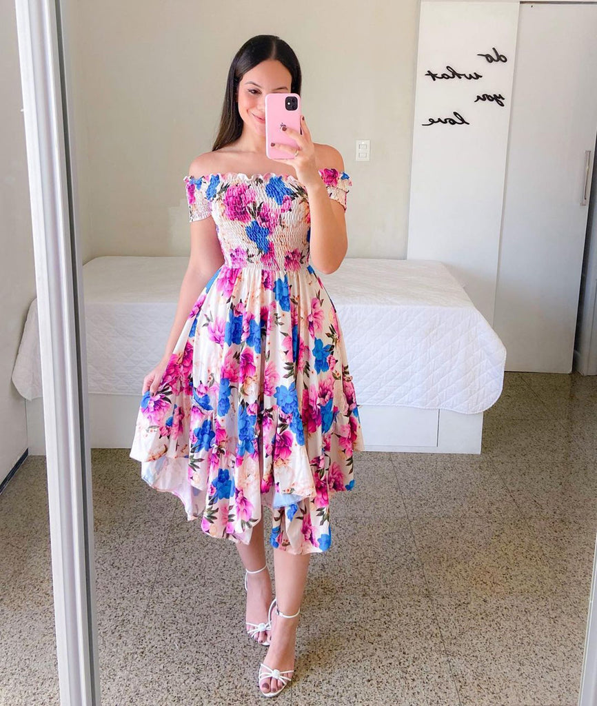 Off Shoulder Floral Ruffle Short Sleeve Midi Dress