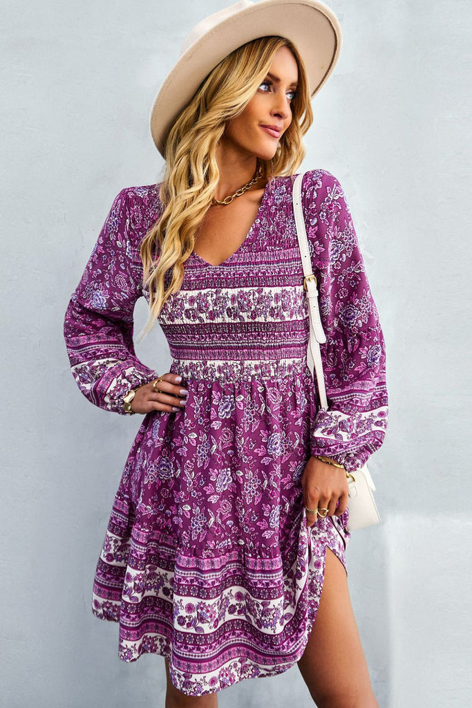 Boho Bohemian V-Neck Balloon Sleeve Dress