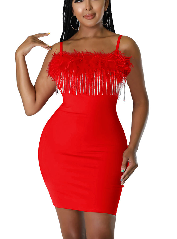 Spaghetti Strap Feather Bodycon Mini Dresses