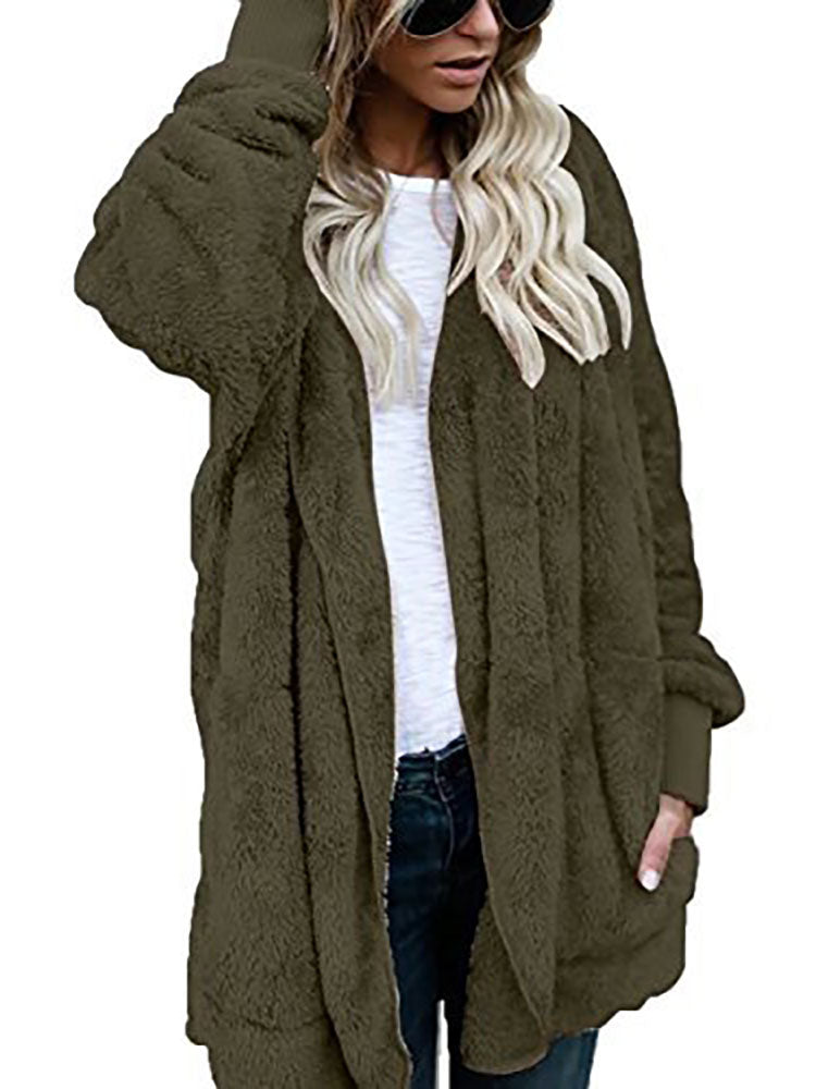 Hooded Cardigan Fluffy Fleece Coat Open Front Jacket