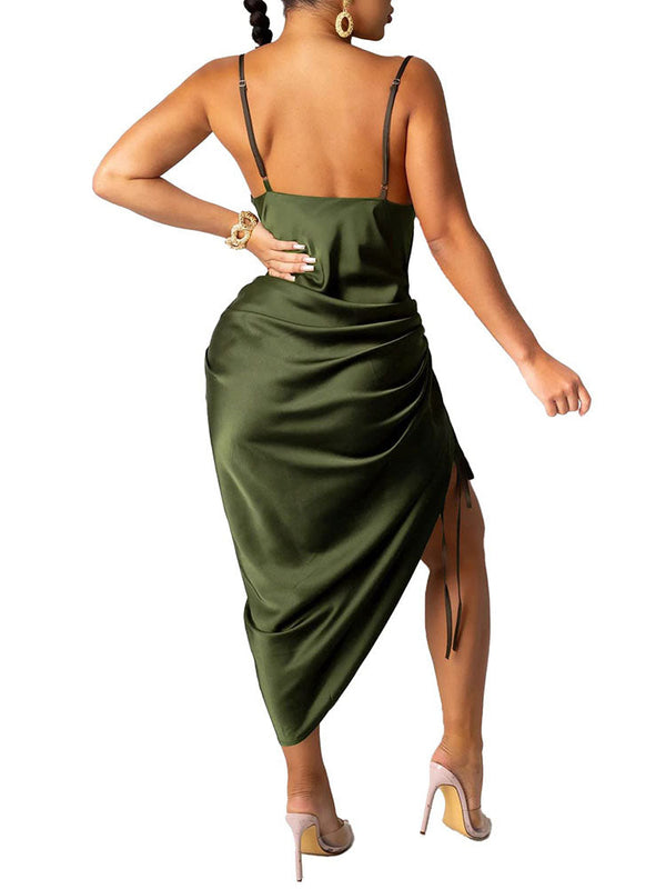 Spaghetti Strap Ruched Split Backless Bodycon Midi Dresses