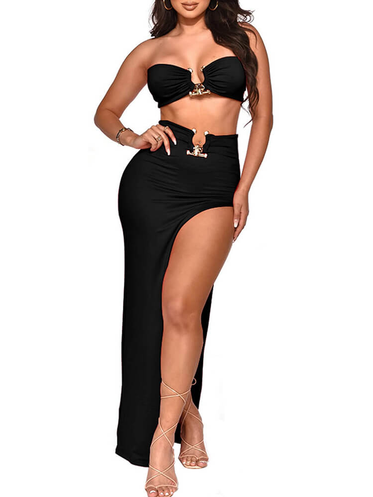 Two Piece Crop Top High Slit Midi Skirt Set