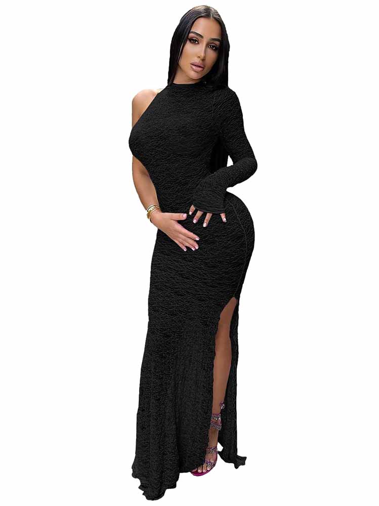 One Sleeve Lace Split Maxi Dresses