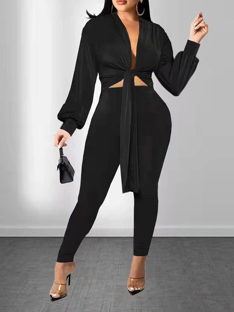 Tie Up Long SLeeve Crop Top & Bodycon Long Pants