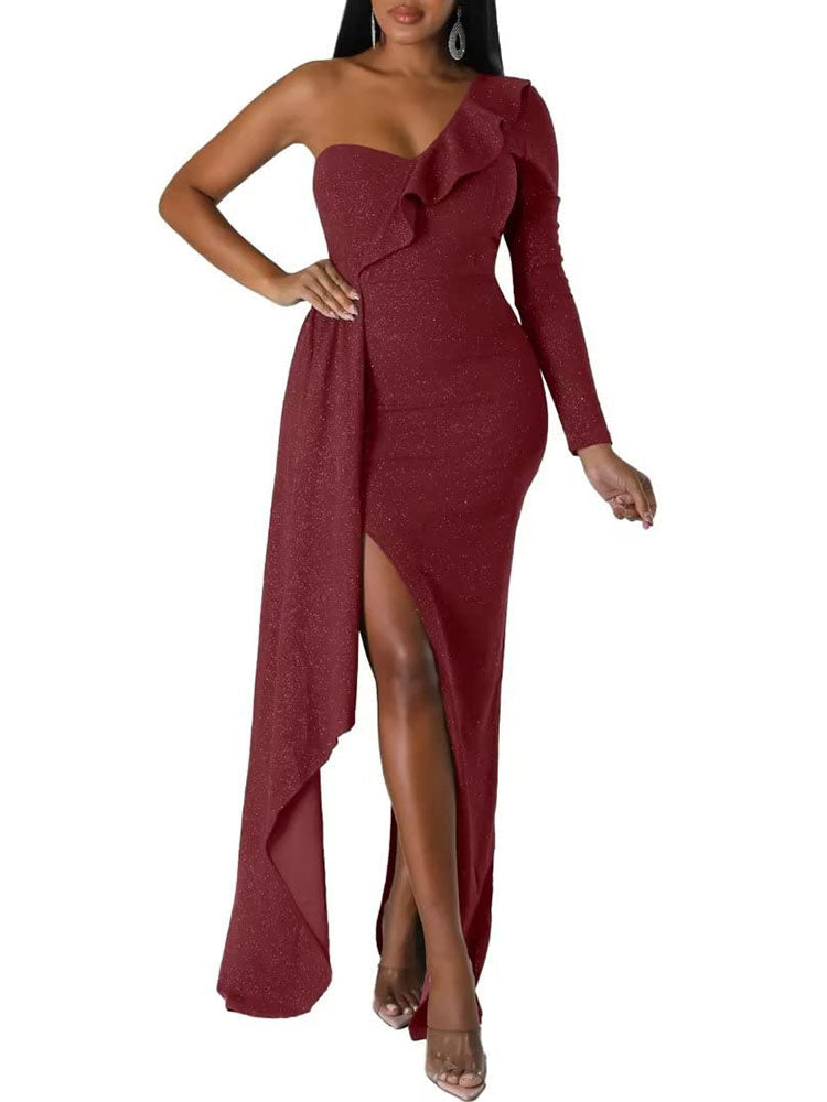 Asymmetrical Sleeve Side Split Maxi Dresses