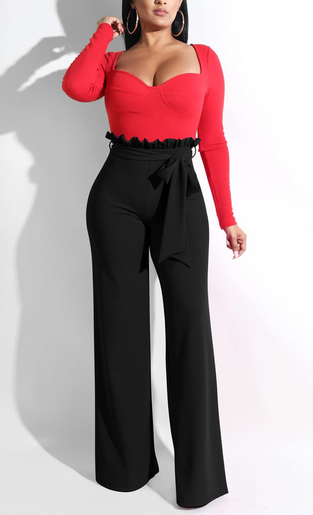 High Waist Ruffle Lace Up Wide Leg Pants