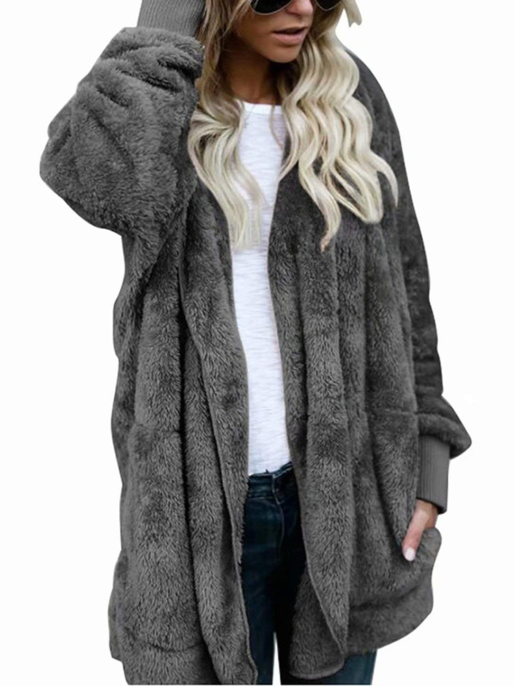 Hooded Cardigan Fluffy Fleece Coat Open Front Jacket