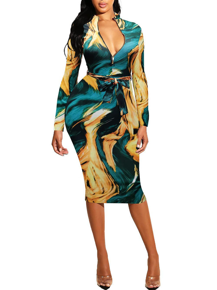 Floral Print Long Sleeve Belted Midi Dresses